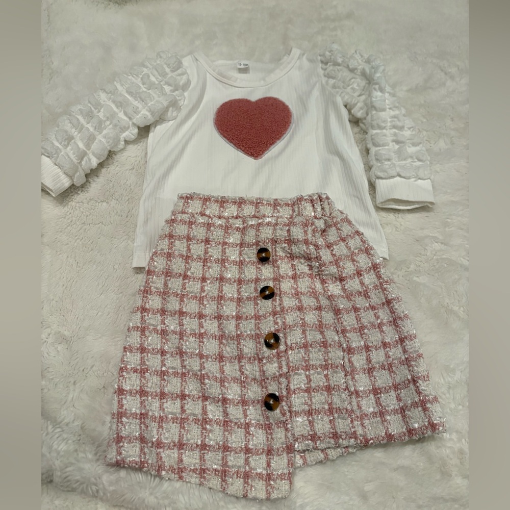 White Top with Heart and Pink Plaid Skirt Set